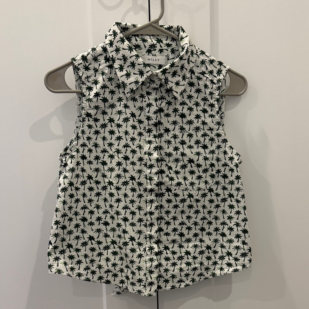 Milly Palm Tree Print Sleeveless Shirt - Green and White